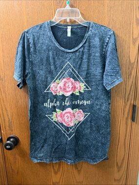 Black Mineral Wash Tee with Pink Floral Alpha Chi Omega Print
